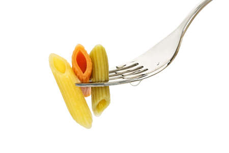 fork with penne pasta isolated on whiteの写真素材