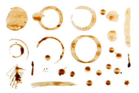 collection of real coffee stains isolated on whiteの写真素材