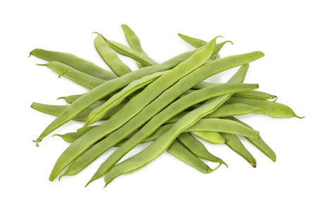 heap of uncooked runner beans on whiteの写真素材