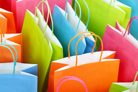 close up of colorful paper shopping bagsの写真素材