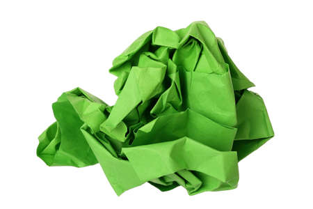 crumpled green paper ball isolated on whiteの写真素材