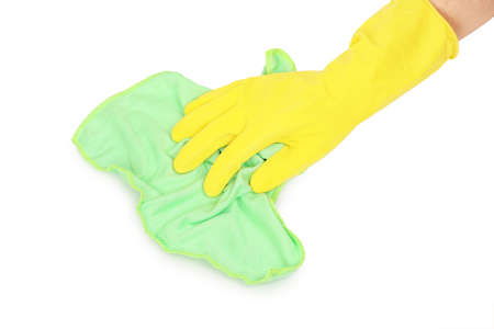 hand in rubber glove with microfiber cloth isolated on white
