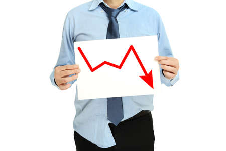 desperate businessman with graph, business failure conceptの写真素材