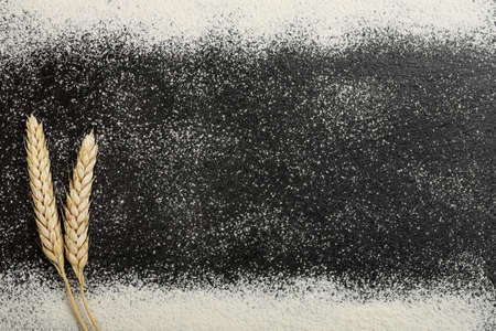 wheat ears and flour on black stone with blank spaceの写真素材