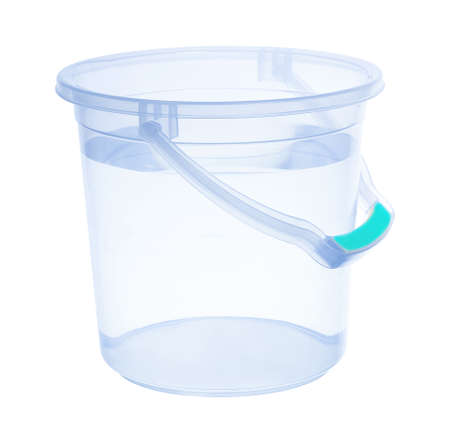 plastic bucket of water isolated on whiteの写真素材