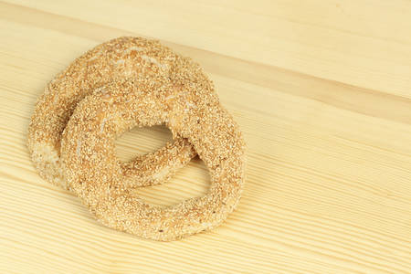 Greek koulouri, ring shaped bread roll covered with sesame seedsの写真素材