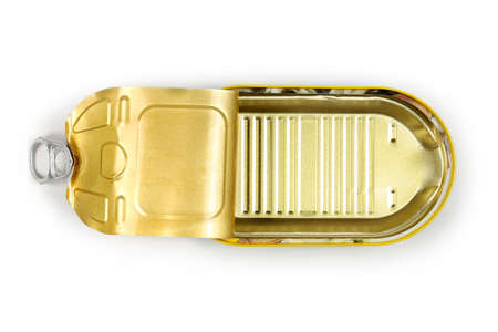 open and empty tin can on white, top view