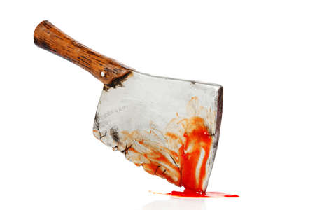 toy meat cleaver with blood isolated on white, murder conceptの写真素材
