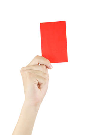 hand with red card isolated on white, red card is shown when a soccer player is disqualifiedの写真素材