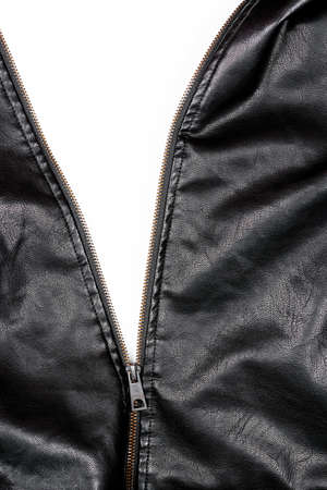close up of leather jacket with open zipper on whiteの写真素材