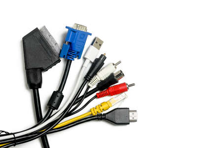 variety of plugs and connectors isolated on white, top view