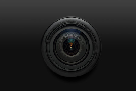 close up of professional camera lens on blackの写真素材