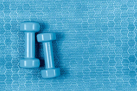 dumbbells on fitness mat, monochrome with copy spaceの写真素材