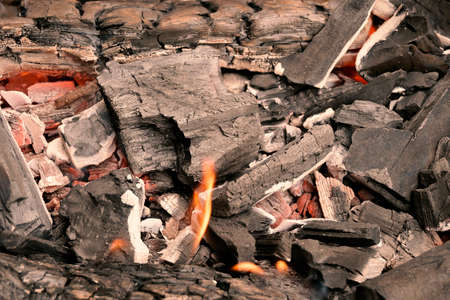 closeup of burning charcoal and wood