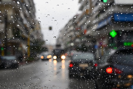 driver's view in the city on a rainy dayの写真素材