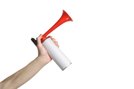 hand with air horn metal can isolatedの写真素材