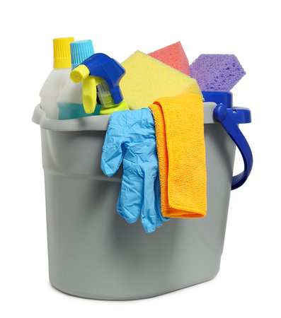 bucket with cleaning products and equipment isolatedの写真素材