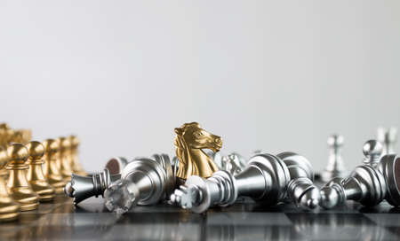 Chess (Knight or horse wins the game) on white background. Success, business strategy, tactics, win, victory, winner, intellect, defeat, beat, knock or checkmate concept.の写真素材