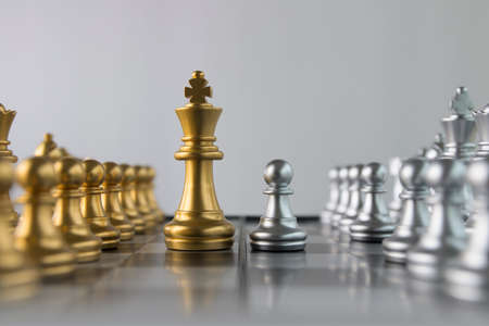 Silver chess pawn is facing golden chess king on white background. Business strategy, market share, business competition, opportunity, brave, fearless, dare or challenge concept.の写真素材