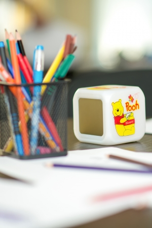 Children s drawing on a wood tableのeditorial素材