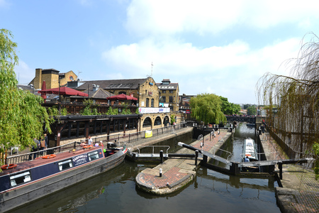 LONDON, UNITED KINGDOM - Camden Lock in London, United Kingdom  or Hampstead Road Locks, is the only twin-lock remaining on the Regent s Canal in Camden Town のeditorial素材