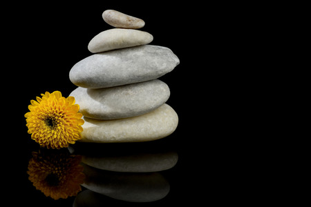 Flower and stones stacked isolated with black background reflectionの写真素材