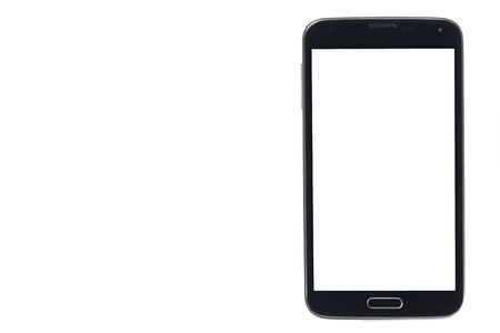 Black smartphone with silver edges and white screen isolatedの写真素材