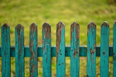 Vertical green wooden fence with green backgroundの写真素材