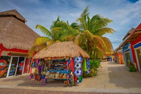Shops in Cozumel Island - Mexico with blue skyのeditorial素材