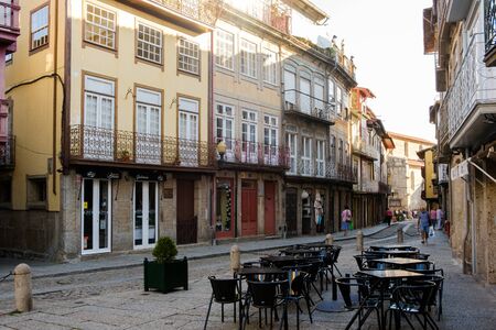 Guimaraes, Portugal - September 26, 2018 : Narrow and typical street of the historic area of the city Guimaraes,Portugalのeditorial素材