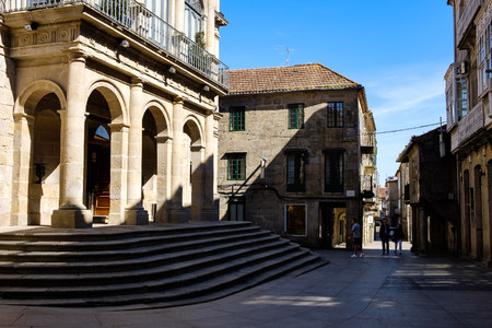 Pontevedra , Spain - May 12, 2019: Calm morning in the historical and wonderful streets of the...