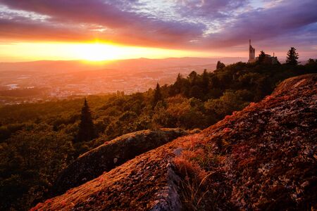 Guimaraes, portugal - July 6, 2019: Sunset top of the hill Penha, Guimaraes Portugal