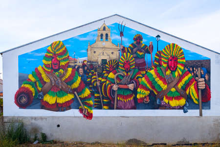 Macedo de Cavaleiros, Portugal - August 28, 2021 : Intangible Cultural Heritage of Humanity by UNESCO. Murals in the streets of Podence. Braganca District, Portugalのeditorial素材