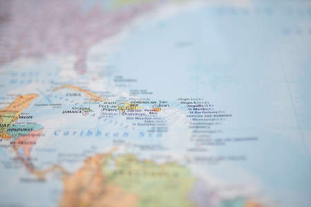 The Island of Jamaica on a Colorful and Blurry Central America Mapの写真素材