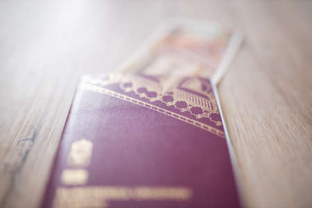 Sweden Passport with a Blurry Fifty Burmese Kyats Bill Partially Insideの写真素材