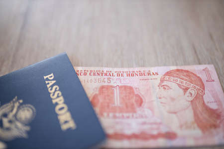 United States of America Passport with a One Honduran Lempira Bill Insideの写真素材