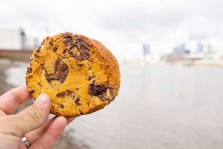 Hand Holding a Chocolate Chips Cookie with a Blurry River as Backgroundの写真素材