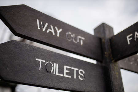 Wooden pole with indications pointing out where are the toilets and the exitの写真素材