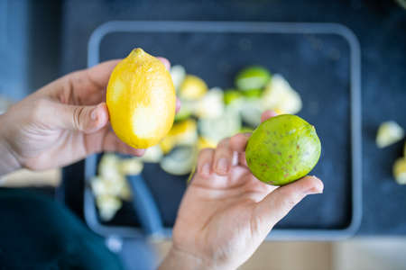 Female hands holding a lemon and a lime above fruit slicesの写真素材