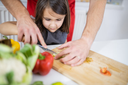 Little girl and her father slicing vegetables on a cutting boardの写真素材