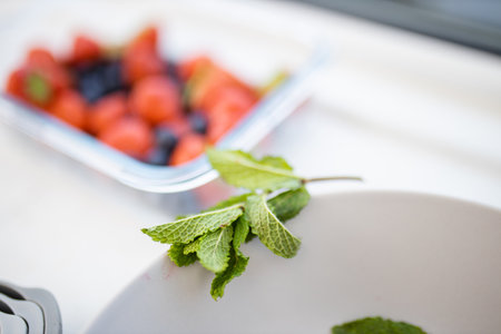 Mint leaves on the edge of a white bowl