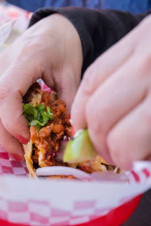 Female hand holding a vegetarian taco above a plastic basketの写真素材