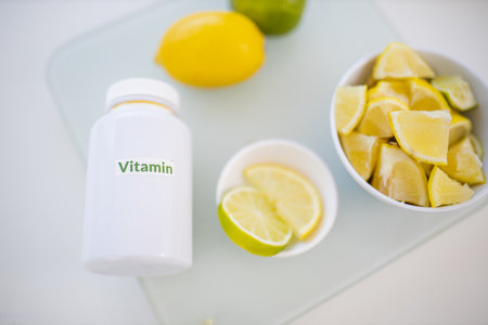 Bottle of vitamins next to bowls of lemon and lime slicesの写真素材