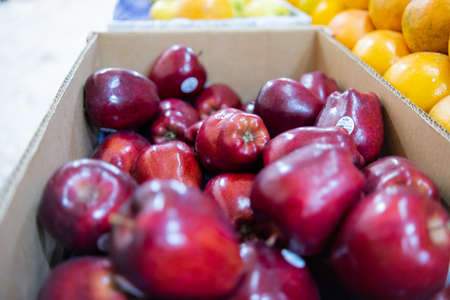Close-up of red apples in a box next to pile of oranges