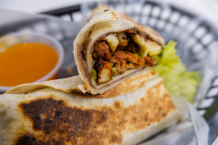 Spicy pork burritos and sauce in a plastic basketの写真素材