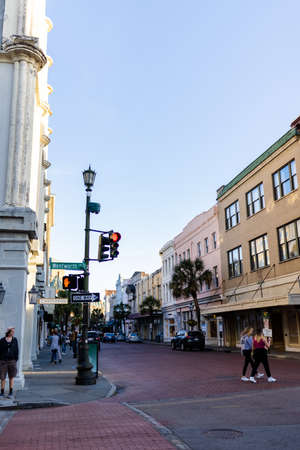 Clear light blue sky above peaceful street from a town in South Carolinaのeditorial素材