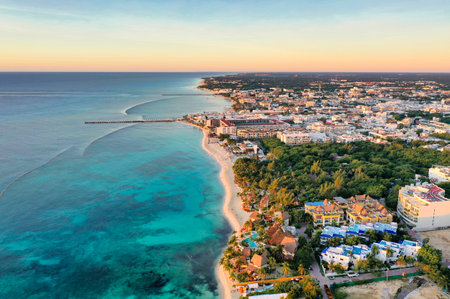 Aerial view of a beautiful Mexican beach during sunriseの写真素材