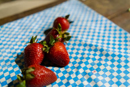 Group of fresh strawberries on a blue checkered tableclothの写真素材