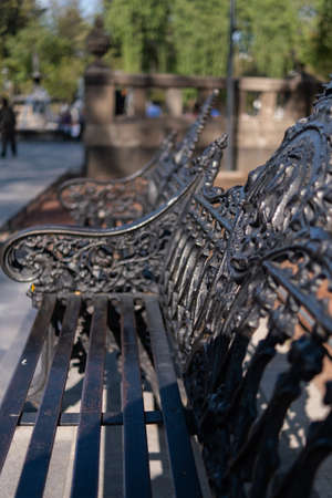 Black metal bench in park with trees as backgroundの写真素材