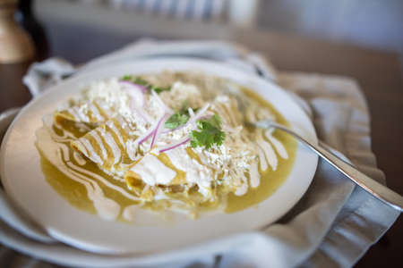 Plate with delicious green enchiladas on gray napkinの写真素材